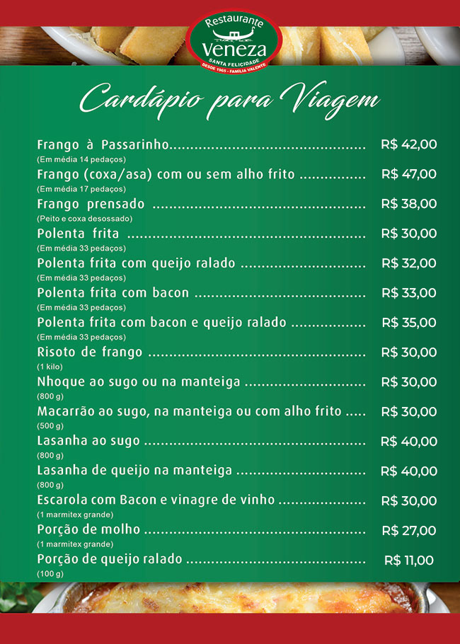 Cardápio para viagem do Restaurante Veneza